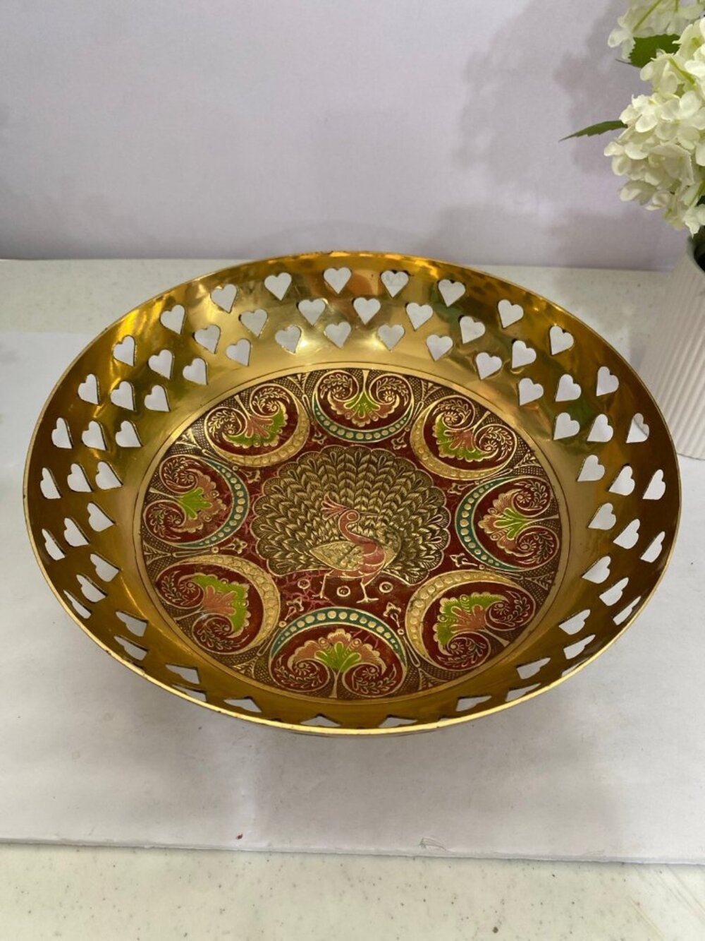 Vintage Brass Enamel Peacock Pedestal Bowl Heart Cutout Reticulated India